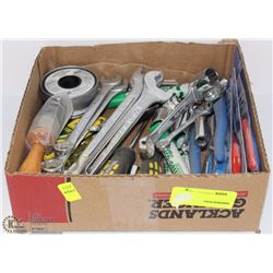 BOX OF WRENCHES,SOCKETS AND HAND TOOLS