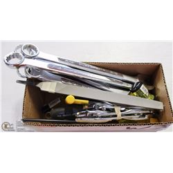 BOX OF ASST WESTWARD HAND TOOLS AND WRENCHES