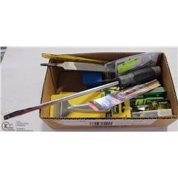 BOX OF ASST HAND TOOLS AND WINDOW SCRAPERS
