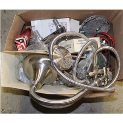 BOX OF PLUMBING ACCESSORIES INCL RAIN SHOWERHEAD