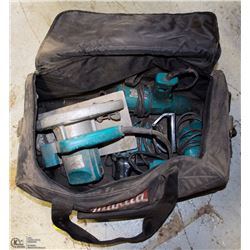 BAG W/ ASSORTED MAKITA TOOLS INCL SAW, DRILL, AND