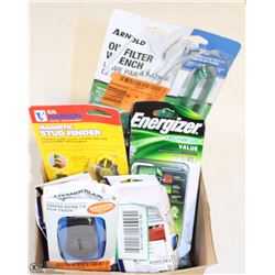 BOX OF OILFIELD WRENCH/RECHR BATTERY/STUD FINDER