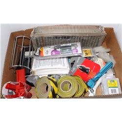 BOX OF ASST TOOLS/FLAGGING TAPE/BOX CUTTER BLADES
