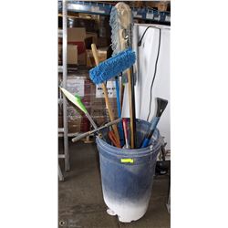 BLUE GARBAGE CAN WITH CONTENTS