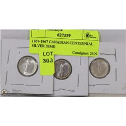 THREE 1867-1967 CANADIAN CENTENNIAL SILVER DIMES