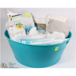 BUCKET OF SHEETS AND BEDDING