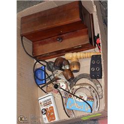 BOX W/VINTAGE TABACCO PIPES, JEWELLERY