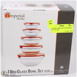 IMPERIAL HOME 10PC GLASS BOWL SET,RED LIDS