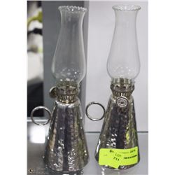 PAIR OF SMALL METAL AND GLASS OIL LAMPS