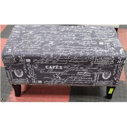 NEW STEPHARIE OTTOMAN GREY UPHOLSTERY WITH SCRIPT