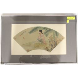 PORTRAIT OF A LADY FAN MOUNTED AND FRAMED, INK