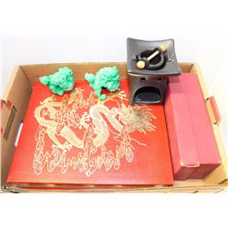 LOT OF CHINESE ITEMS INCL BOOK, JADITE ORNAMENTS &