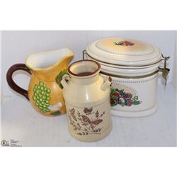 LOT OF 3 HOUSEWARES INCL CERAMIC CANISTER