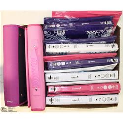 BOX WITH ASSORTED  BINDERS INCL SOFT COVERS ,