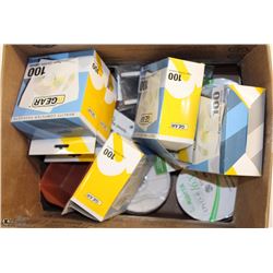 BOX WITH MANY DVD-R CD'S AND PACKAGES OF SLEEVES