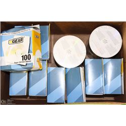 BOX WITH MANY DVD-R CD'S AND PACKAGES OF SLEEVES