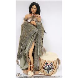 NATIVE AMERICAN DOLL STATUE WITH REAL FUR WRAP