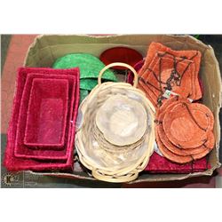 BOX OF 31 NEW BASKETS WOVEN , WIRE ETC