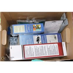 BOX OF ASSORTED ELECTRICAL, TOILET PARTS AND MORE