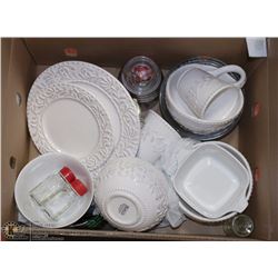 BOX WITH ASSORTED GLASSWARE AND MORE
