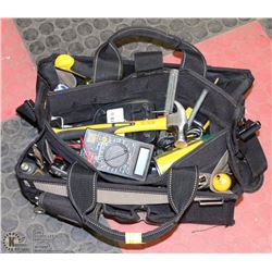 BLACK TOOL BAG WITH TOOLS INCL MULITMETER & MORE