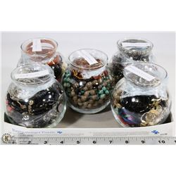 5 SMALL JARS FILLED WITH FASHION JEWELRY