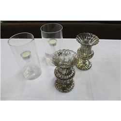 PAIR OF GLASS CANDLE HOLDERS AND PAIR OF VASES