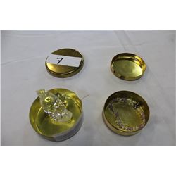 TWO BRASS DRESSER DISHES AND WATERFORD CRYSTAL BIRD PENDANT AND BRACELET