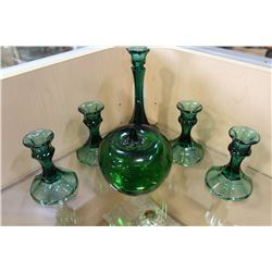 GREEN ART GLASS APPLE AND CANDLESTICKS