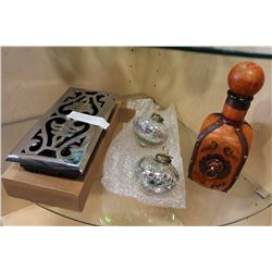 LEATHER CASED BOTTLE AND TWO ORNAMENTS AND DECORATIVE VENT COVER