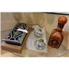Image 1 : LEATHER CASED BOTTLE AND TWO ORNAMENTS AND DECORATIVE VENT COVER