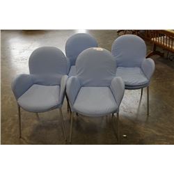 SET OF FOUR METAL CHAIRS WITH BLUE CUSHIONS