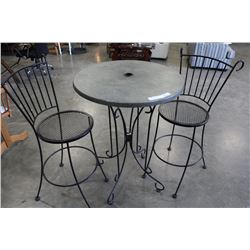 WROUGHT IRON PATIO TABLE AND TWO CHAIRS