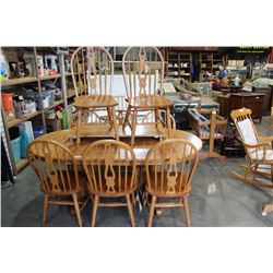 OAK DOUBLE PEDESTLE TABLE WITH SIX CHAIRS AND TWO EXTENSIONS AND TWO CAPTAINS CHAIRS