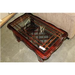 MAHOGANY GLASS TOP COFFEE TABLE WITH BUILT IN MAGAZINE RACKS