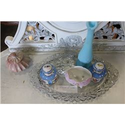 GLASS DRESSER TRAY AND DRESSER ITEMS