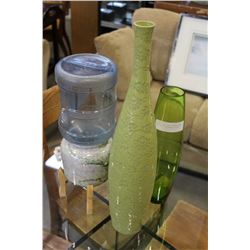 GREEN GLASS VASE CERAMIC VASE AND TABLE TOP WATER COOLER