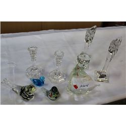 TWO PAIR OF CRYSTAL CANDLESTICKS AND ART GLASS ANIMAL FIGURES