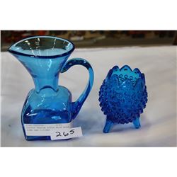 FOOTED FENTON STYLE BLUE ROSE BOWL AND PITCHER