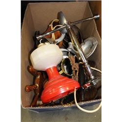 VINTAGE METAL AND WOODEN WARE AND LAMP