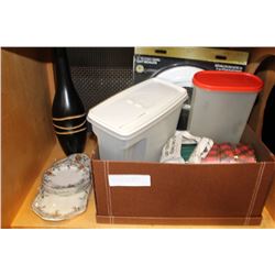 BOX OF HOUSEHOLD ITEMS AND CROWN DUCAL LUNCH SET