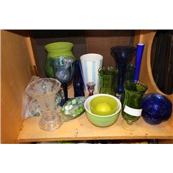 SHELF LOT OF VINTAGE COLORED VASES
