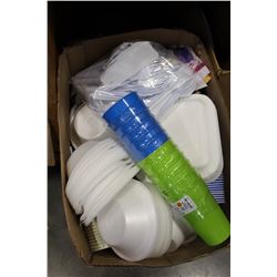 BOX OF STYROFOAM CUPS BOWLS AND CUTLERY