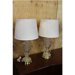 THREE GLASS TABLE LAMPS AND CRYSTAL CANDLE HOLDERS