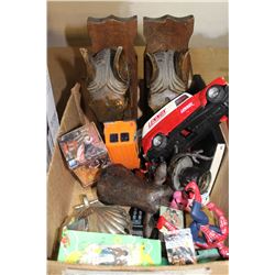 BOX OF WOOD HORSE HEAD BOOKENDS AND COLLECTIBLE LENOX AND OTHER VEHICLES ETC