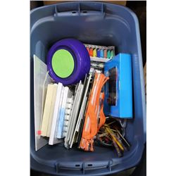 TOTE AND BOX OF CRAFT AND PAINTING SUPPLIES AND CANVAS