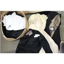 BOX OF CHEF COATS AND CLOTHING