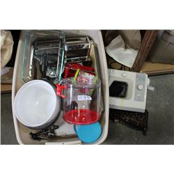 LARGE TOTE OF KITCHEN AND SEWING MACHINE