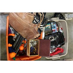 TWO TOTES OF PURSES AND DECORATIONS