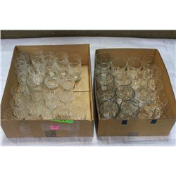 TWO BOXES OF CRYSTAL GLASSES AND BAR GLASSES